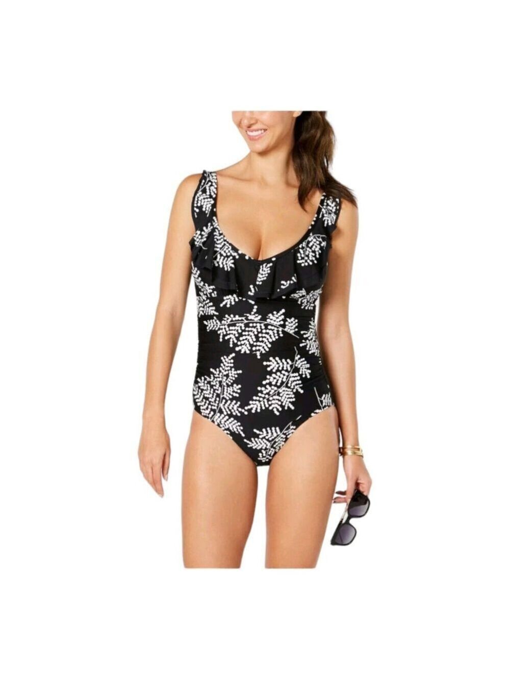 Tommy Hilfiger Printed Ruffle One-Piece Swimsuit Black & White Size 8 EUC